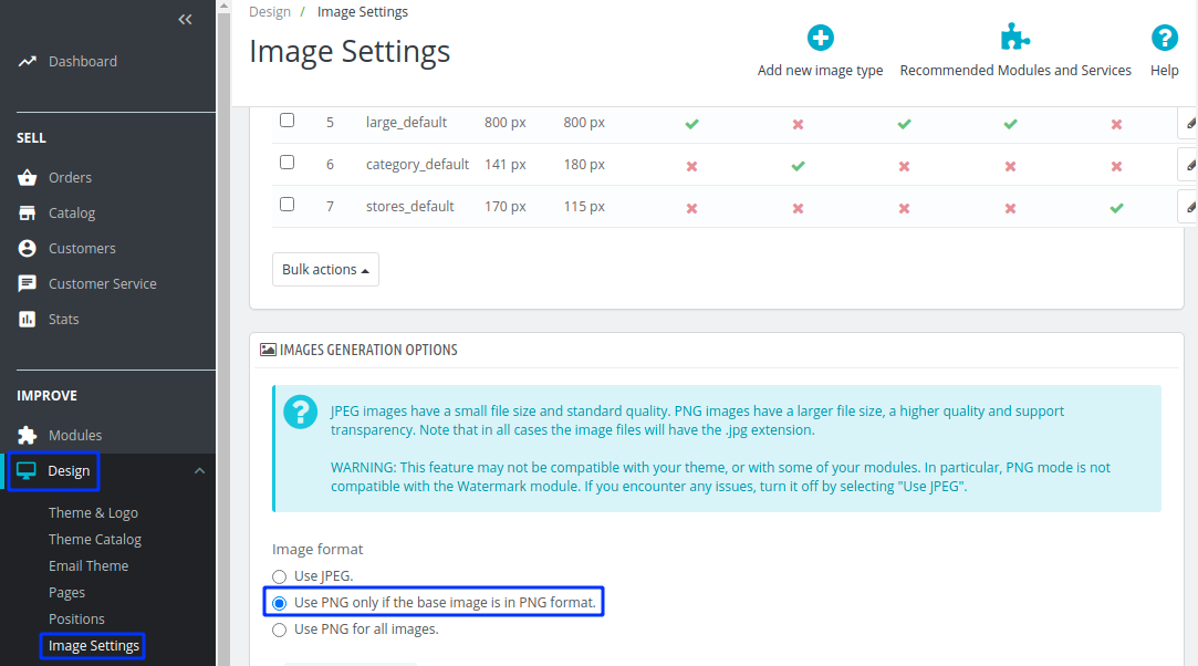 image settings on prestashop