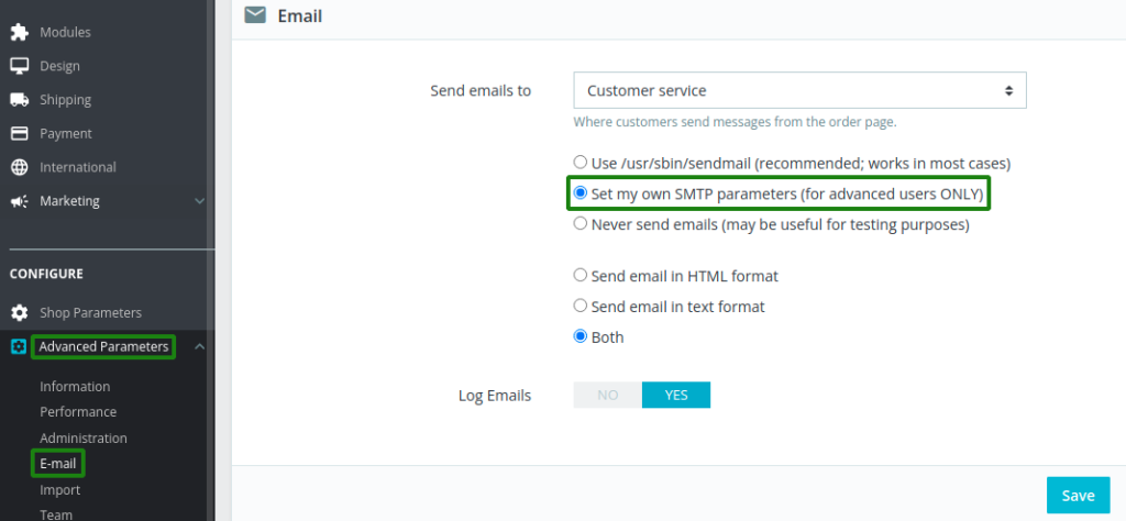 prestashop smtp