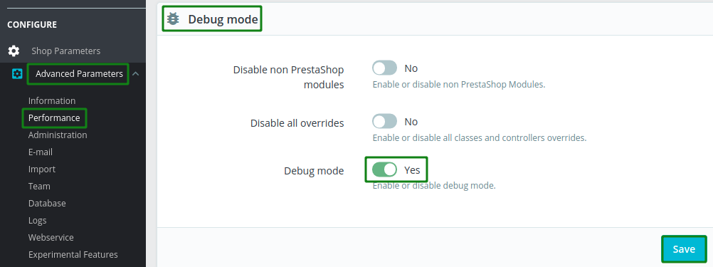 prestashop debug mode enable