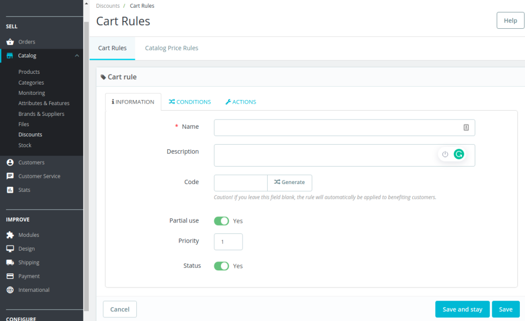 set prestashop cart rule