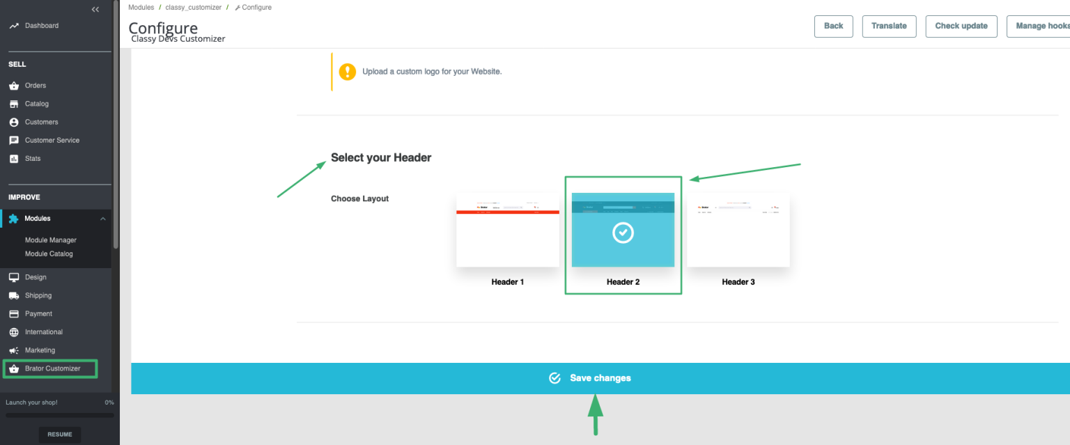 Customize Brator Header & Footer ClassyDevs